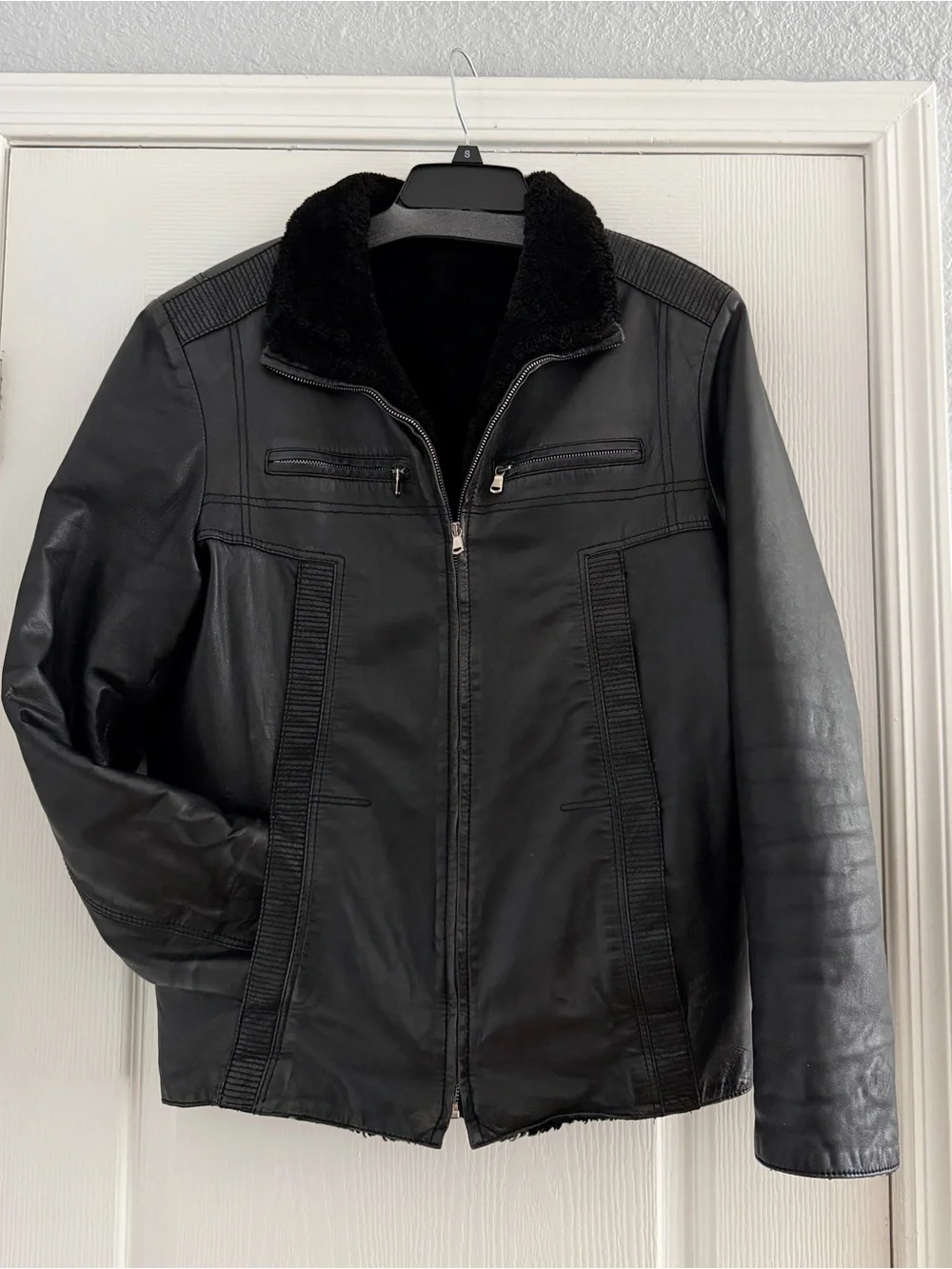 Mens Vintage Distressed Black Leather Shearling Jacket Moto Bomber Fur‎ Collar